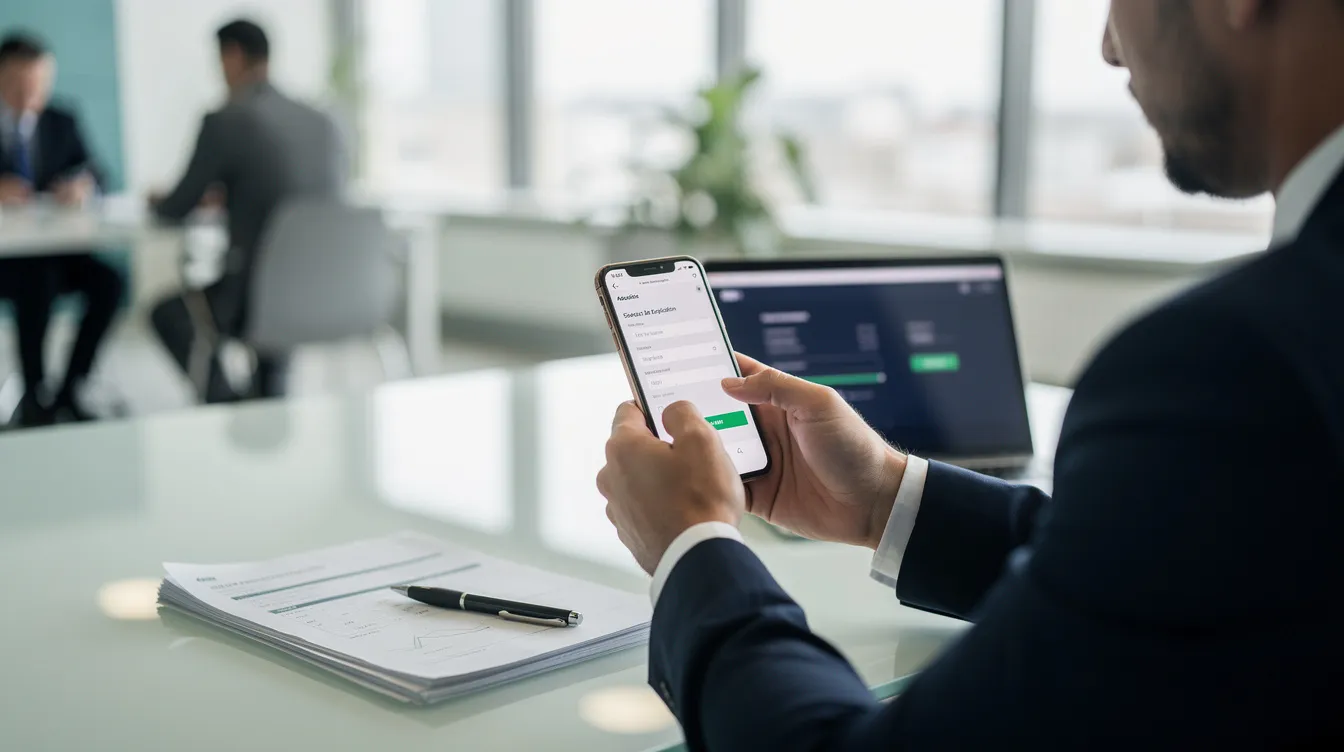 A person is sitting in a modern office space, using a smartphone to complete an online financial application for a "免 tu 貸款." The scene captures the individual focused on their device, surrounded by a sleek and professional environment, indicating the convenience of applying for loans through digital platforms.