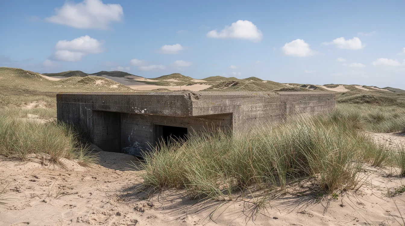 Ein grauer Betonbunker ist halb im grünen Dünengras versunken, während sich im Hintergrund Sanddünen und ein blauer Himmel mit weißen Wolken erstrecken. Diese Szenerie erinnert an die kriegsgeprägte Geschichte von Dünkirchen, einem wichtigen Schauplatz während der Schlacht und der Evakuierung der Truppen.