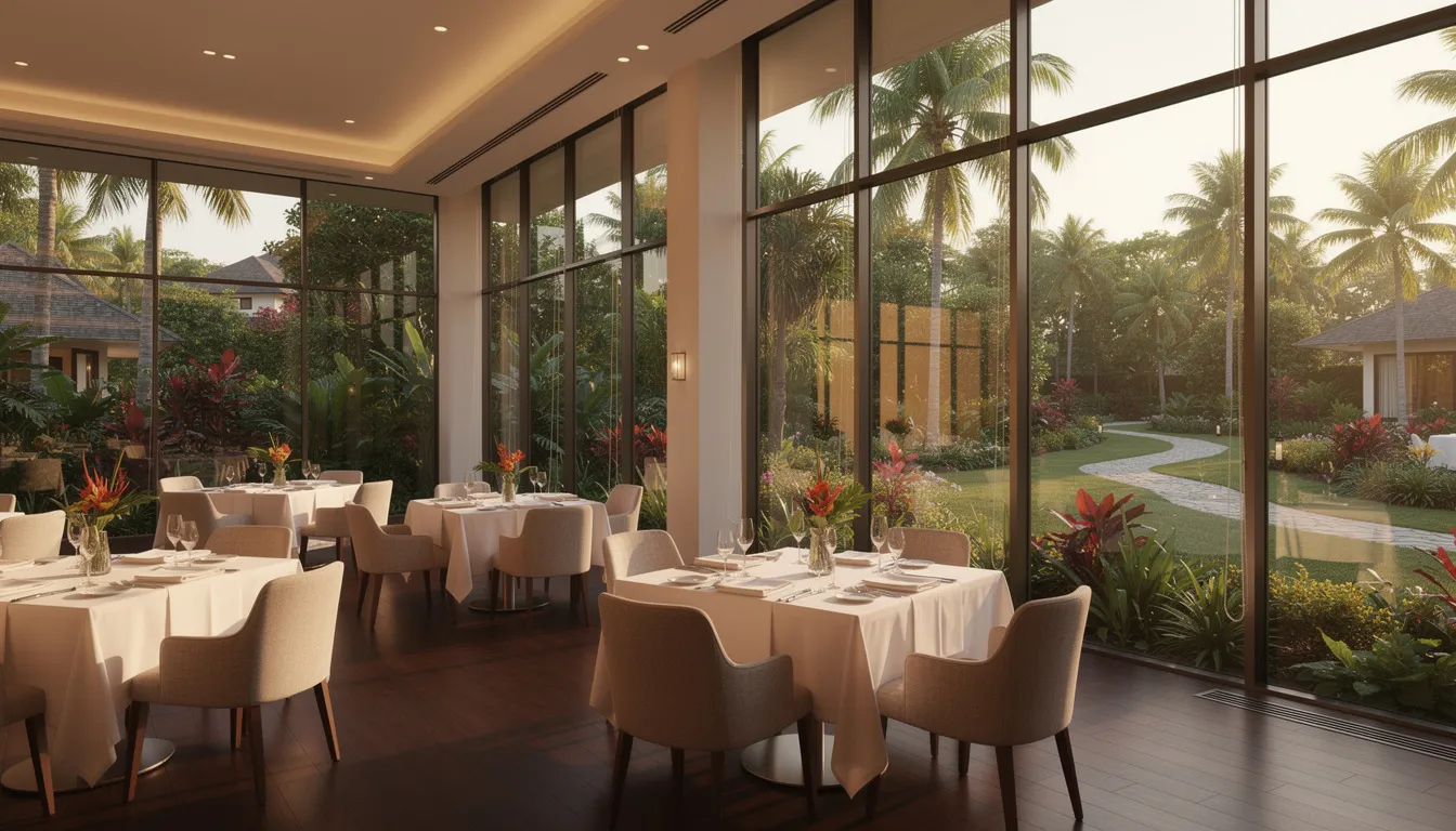 The image depicts an elegant resort dining room featuring floor-to-ceiling windows that offer stunning views of lush tropical gardens. This luxurious space is perfect for guests enjoying a gourmet dining experience at one of the best all-inclusive resorts, where they can unwind and savor delicious meals amidst a picturesque setting.