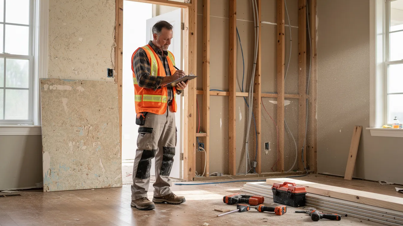 The image depicts a person dressed in work clothes, carefully inspecting the interior of a house that is in the process of renovation. This setting is typical for real estate investors or house flippers who often utilize hard money loans for financing their investment properties.