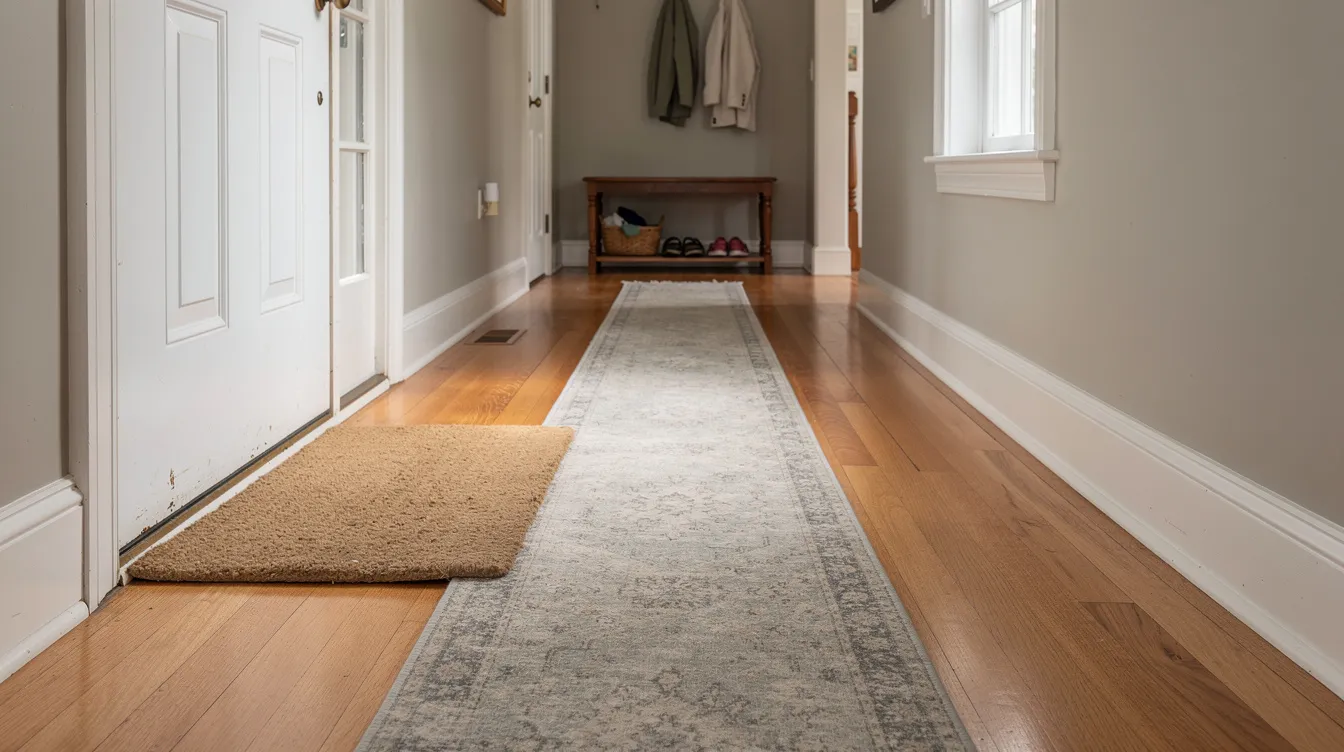 The image depicts the entryway of a New England home featuring a doormat and a runner rug on beautifully refinished hardwood floors. The smooth surface of the wood floor highlights the craftsmanship of the repair process, showcasing the elegant transition from the area rug to the entire floor.