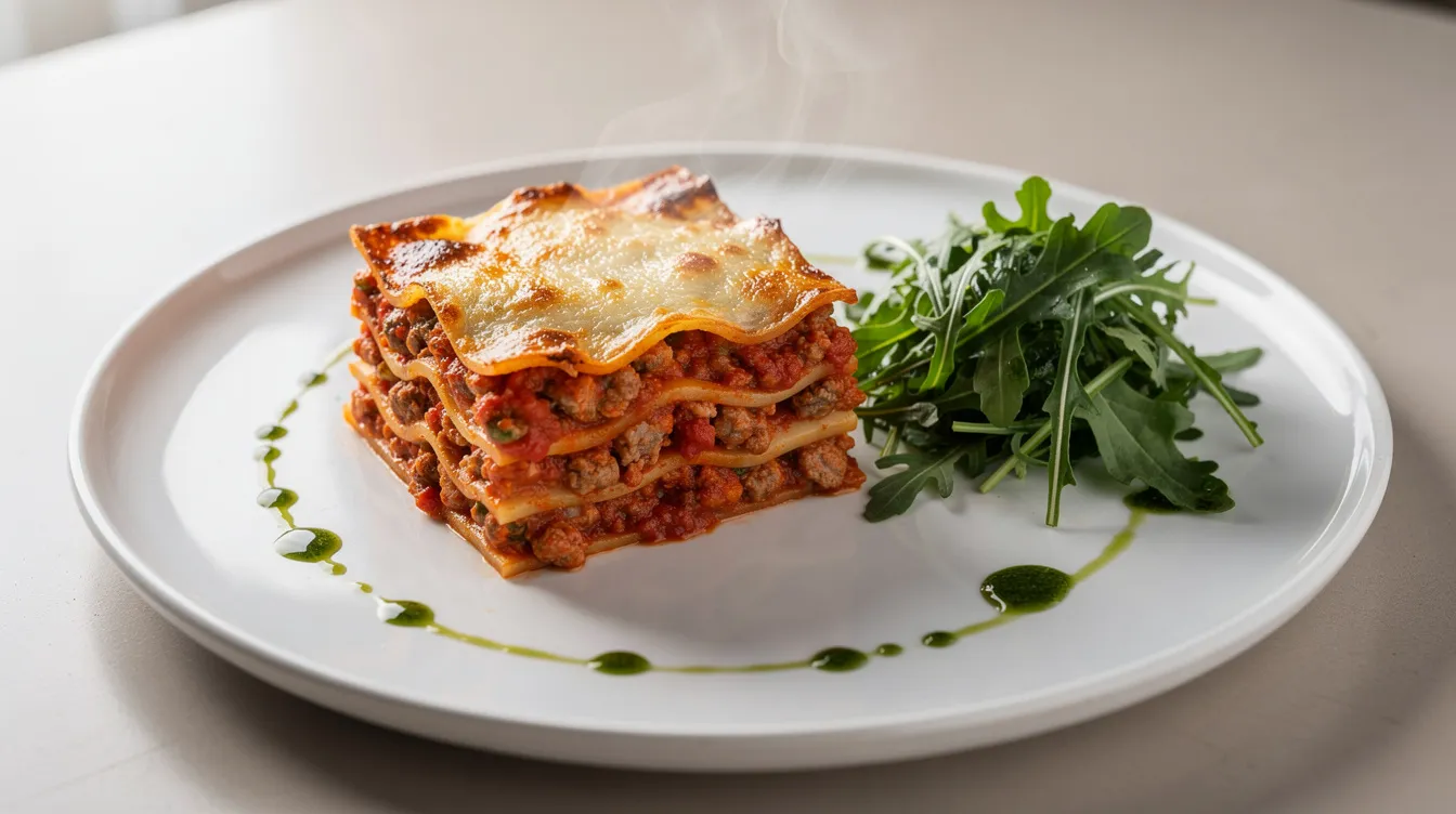 A beautifully plated square of Mary Berry's classic lasagne sits on a white plate, showcasing layers of pasta sheets, rich meat sauce, and creamy white sauce, all topped with golden brown cheese. Accompanied by a side of fresh rocket salad drizzled with green herb oil, the dish offers a delightful contrast of flavors and textures.