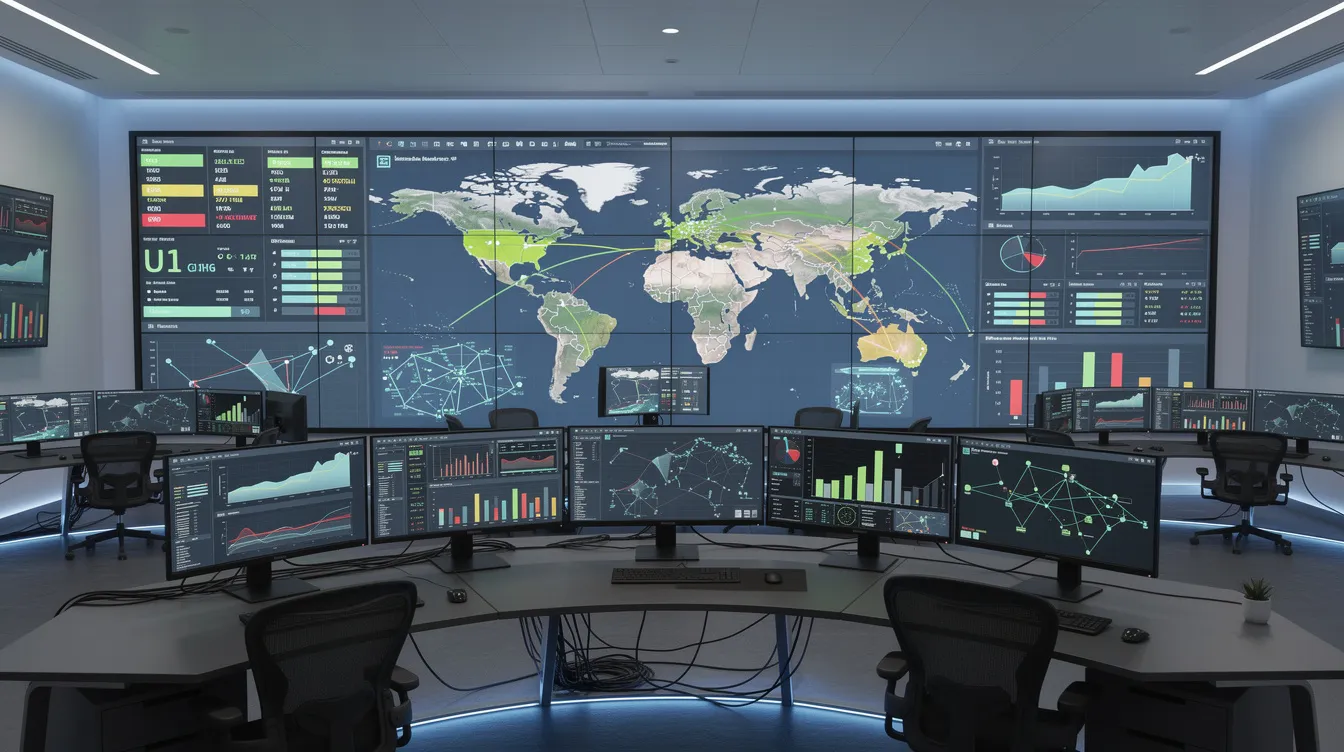The image depicts a control room filled with multiple monitoring screens showcasing various graphs and network diagrams, essential for effective risk management strategies. This environment is crucial for continuous monitoring and identifying potential risks associated with AI systems, ensuring regulatory compliance and data integrity in risk management practices.