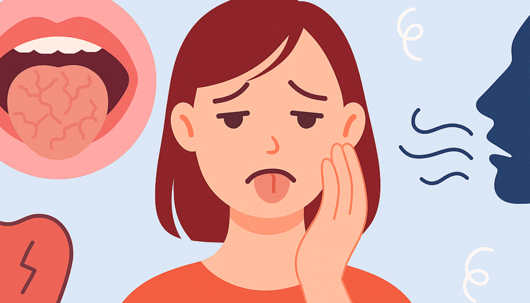 Munntørrhet Den skjulte årsaken bak dårlig ånde og såre slimhinner 12 Illustrasjon av kvinne med tørr munn, sprukken tunge og ubehag som viser sammenheng med dårlig ånde og irritert munnslimhinne.