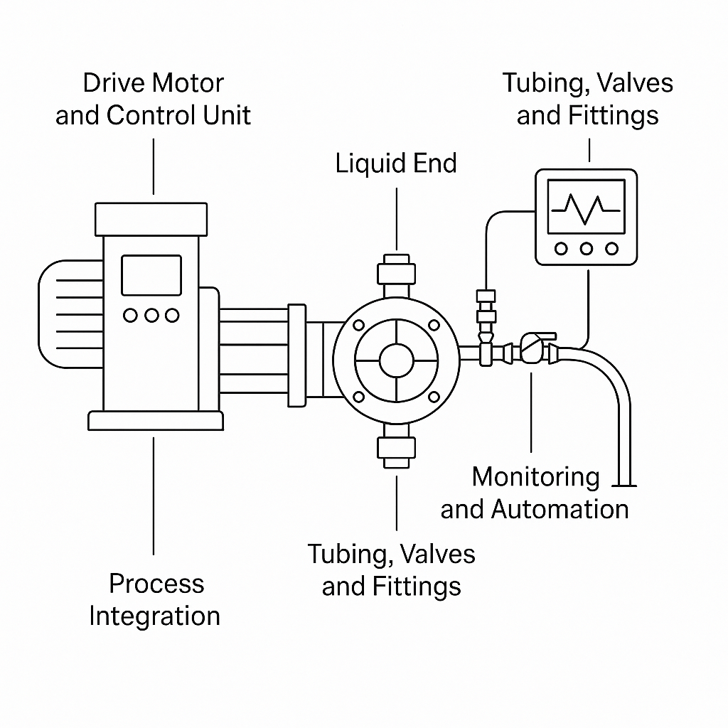 Sketch illustrating the components of a chemical dosing pump.