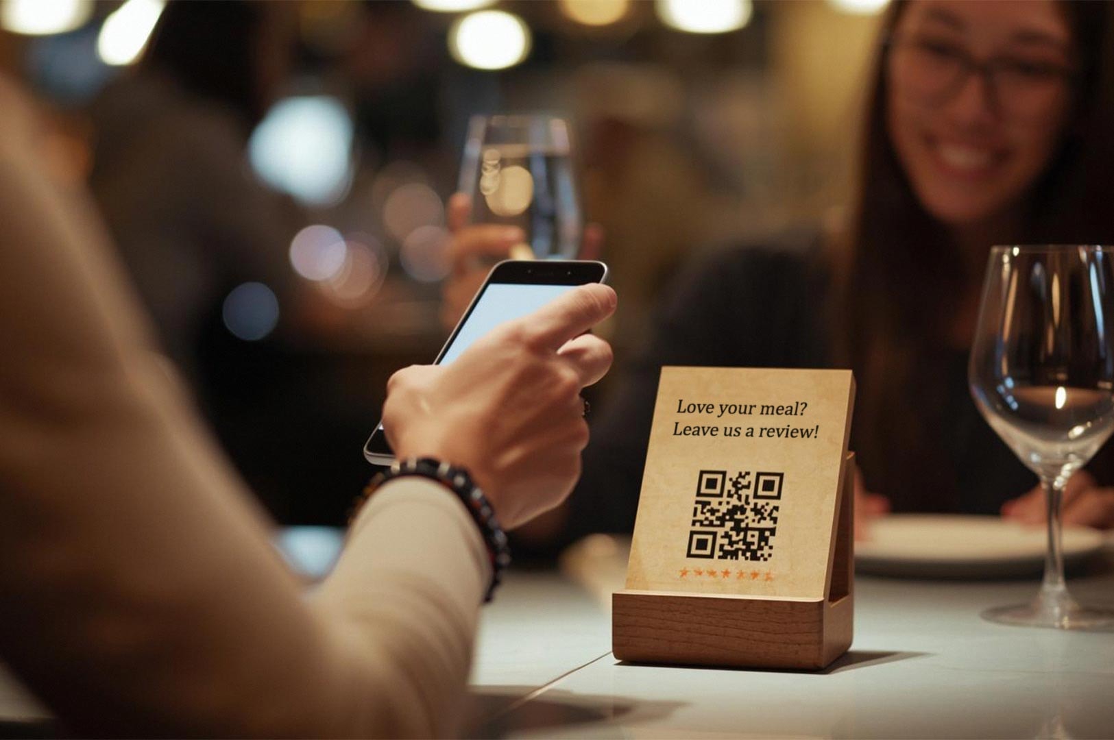 A customer using a smartphone to scan a wooden QR code sign on a restaurant table that invites guests to leave a review.