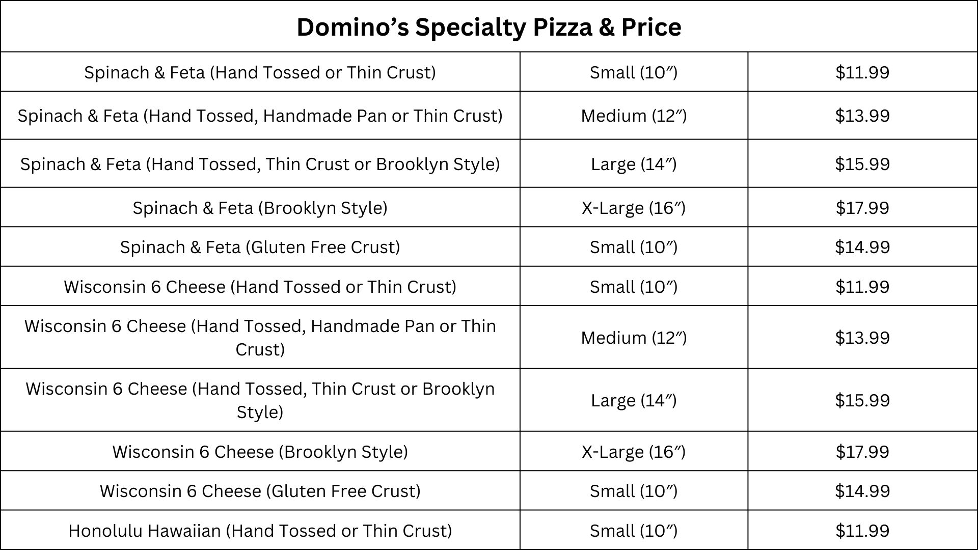 Domino’s Specialty Pizza & Price