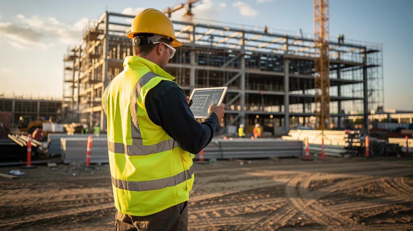A construction professional reviews digital plans on a tablet at an active commercial jobsite, showing how technology can support estimating, project review, and construction decision-making.