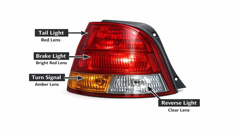 Tail light assembly showing tail light, brake light, turn signal, and reverse light.