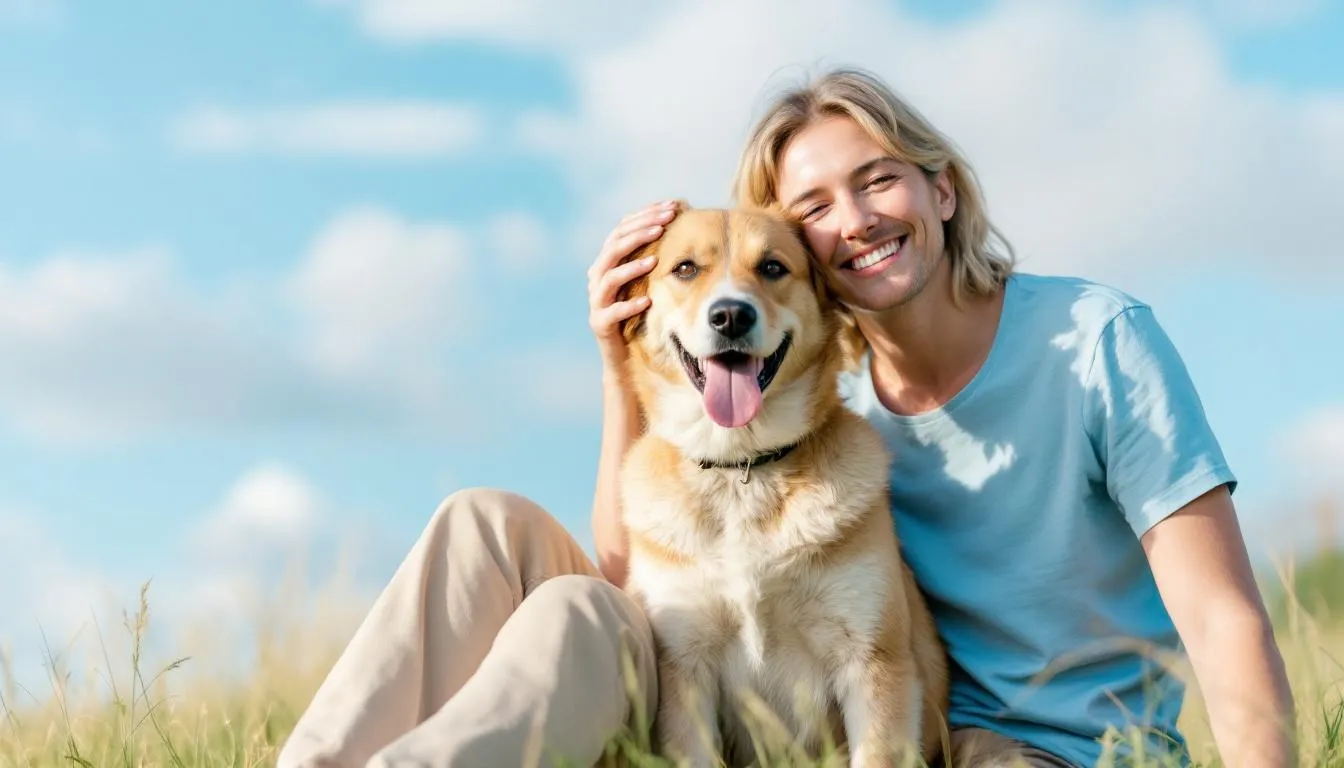 A person sits peacefully with their pet dog, showcasing the strong bond and cooperative relationship between humans and dogs, emphasizing how dogs perceive humans as their companions rather than as dominant figures. This image illustrates the social interactions and mutual understanding that exist between different species, highlighting the idea that dogs think of humans as part of their pack.