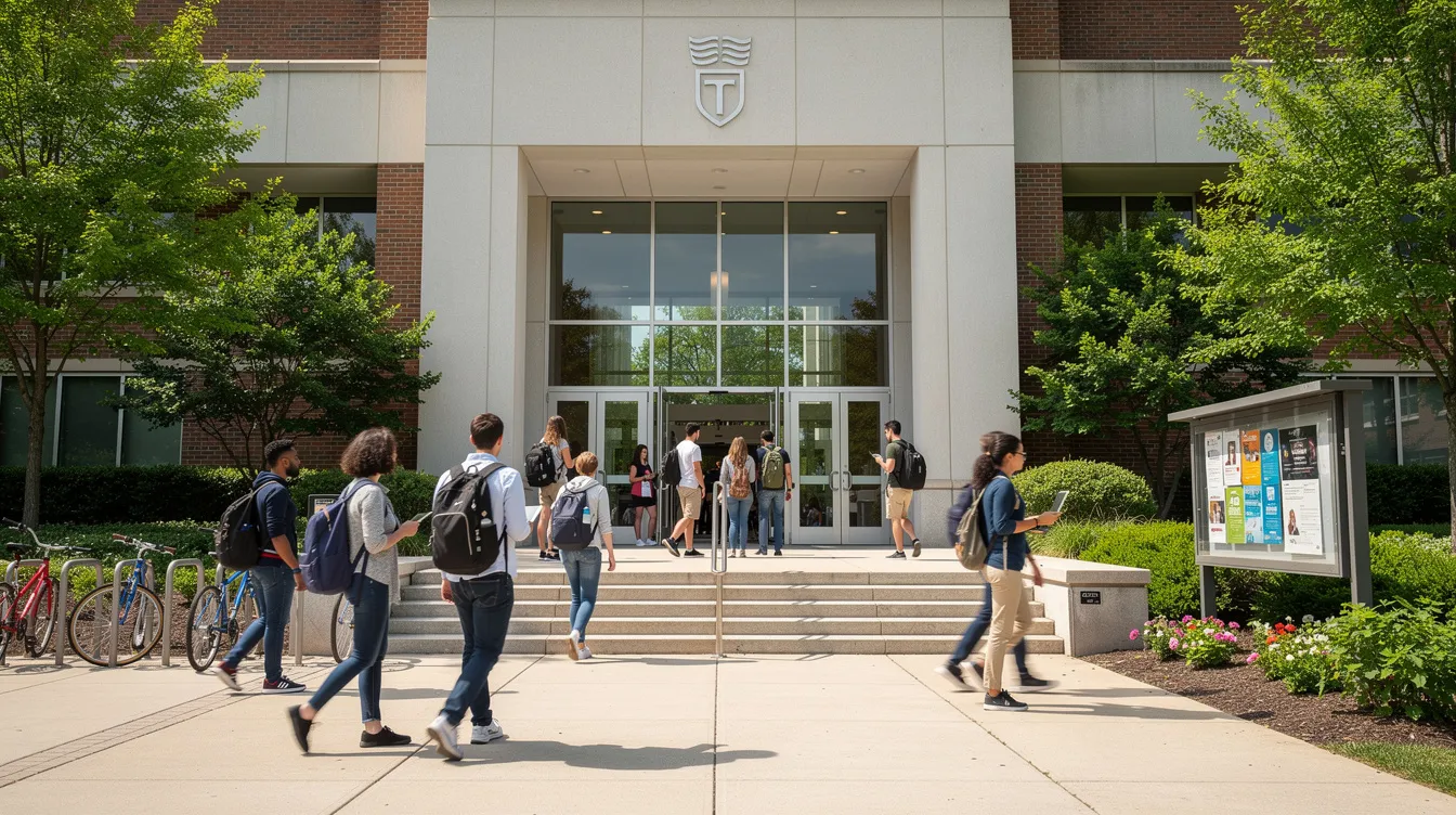 Das Bild zeigt den Eingang eines Universitätsgebäudes, durch den mehrere Studierende gehen. Im Hintergrund sind typische Merkmale einer Hochschule zu erkennen, während die Studierenden, darunter auch Masterstudierende und Bachelor-Studenten, sich auf den Weg zu ihren Vorlesungen oder zur Betreuung ihrer Abschlussarbeiten machen.