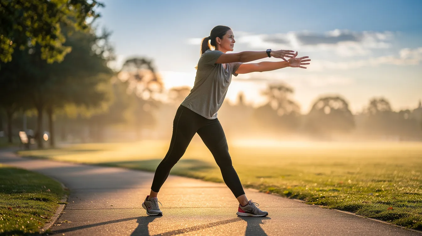 A healthy person is stretching outdoors in the morning light, showcasing their radiant skin and promoting physical activity as part of a rejuvenating morning routine. This active individual embodies the benefits of exercise for longevity and overall health, contributing to smoother, more elastic skin while reducing the risk of aging signs.
