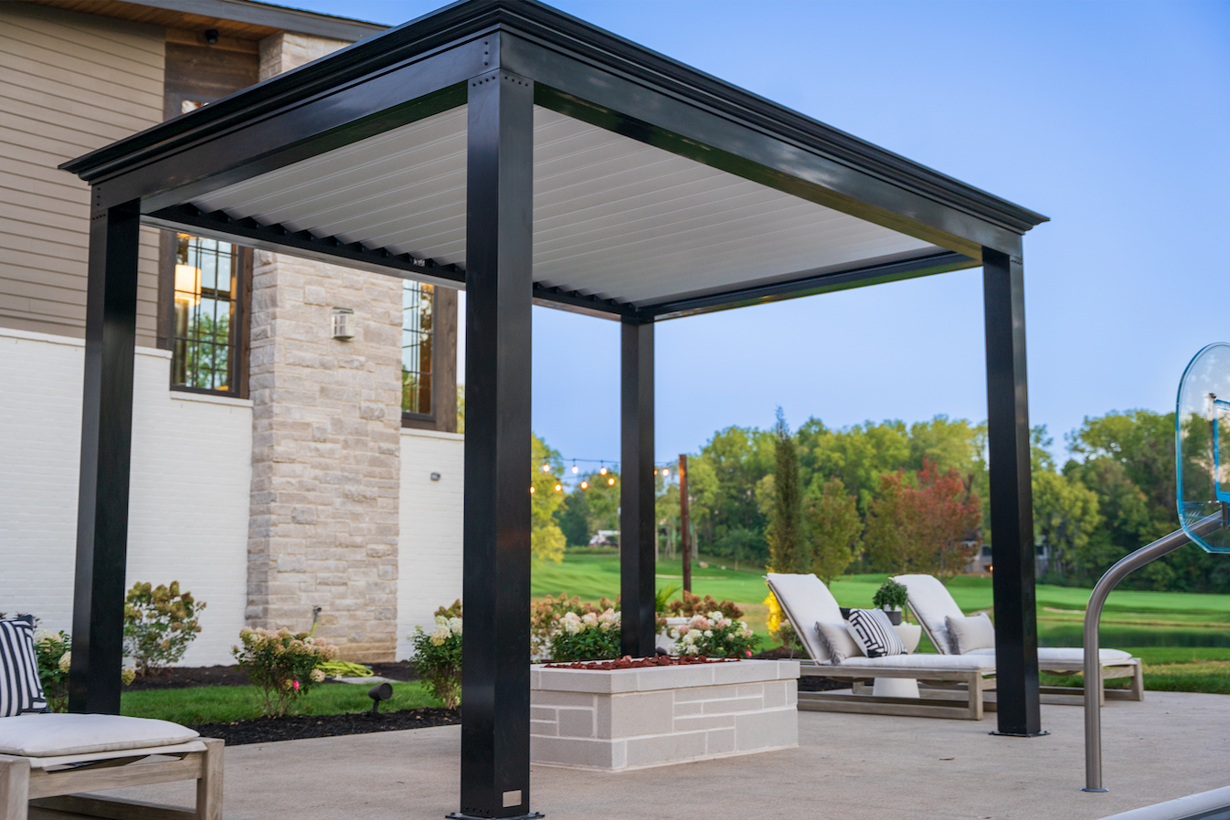 bench seating with pergola on patio