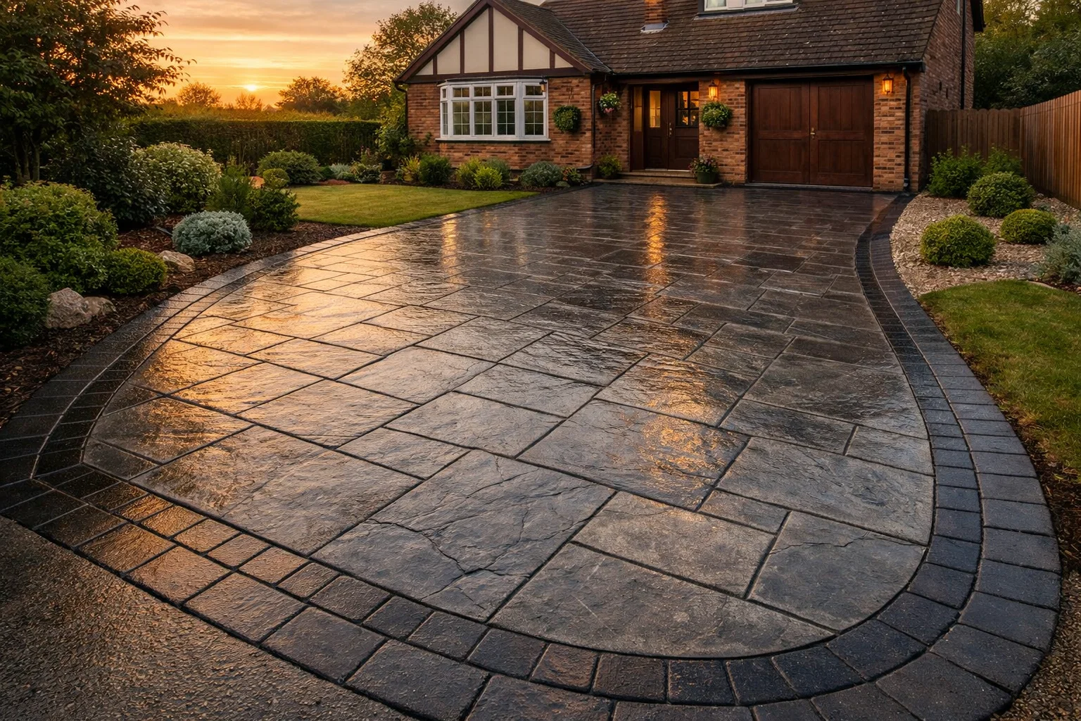 Finished imprinted concrete driveway showing decorative pattern and long-lasting finish.