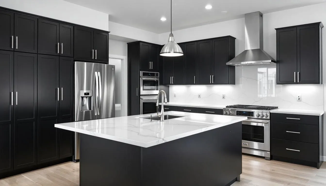 The image showcases a modern kitchen featuring custom cabinetry, elegant quartz countertops, and high-end appliances, creating a warm and inviting space perfect for preparing family meals. This stylish kitchen is designed to enhance the overall luxurious atmosphere of the home, which is located in the exquisite Marbella Isles community.