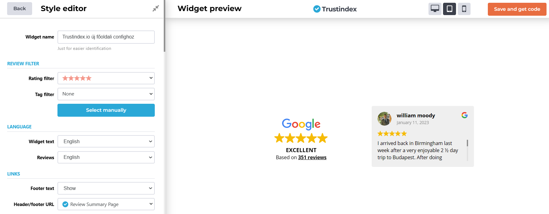 Google places review widget settings