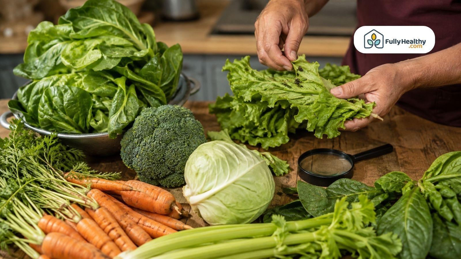 Person inspecting romaine lettuce and broccoli for insects before preparing kosher vegetables.