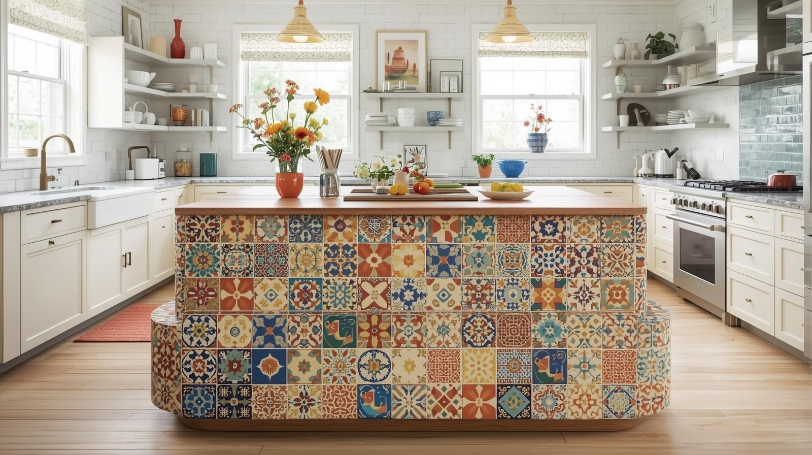 Funky kitchen island tiled with pattern tiles to add some drama