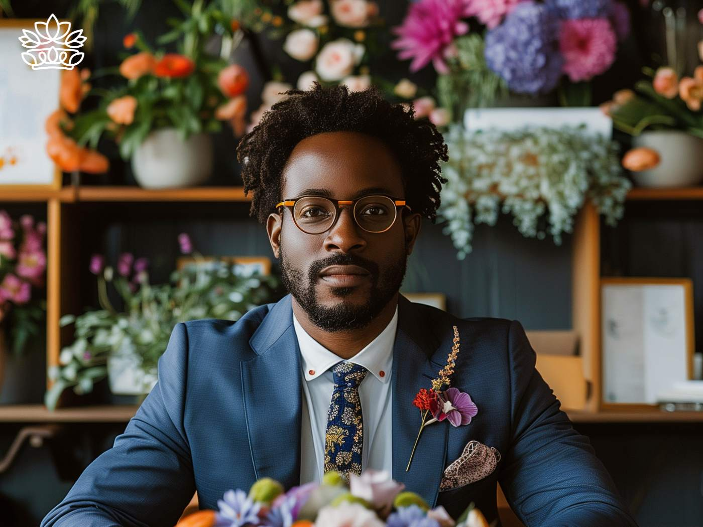 Confident CEO surrounded by lush flower arrangements and air plants suited for minimal light in an office setting, representing the stylish range from Fabulous Flowers and Gifts.