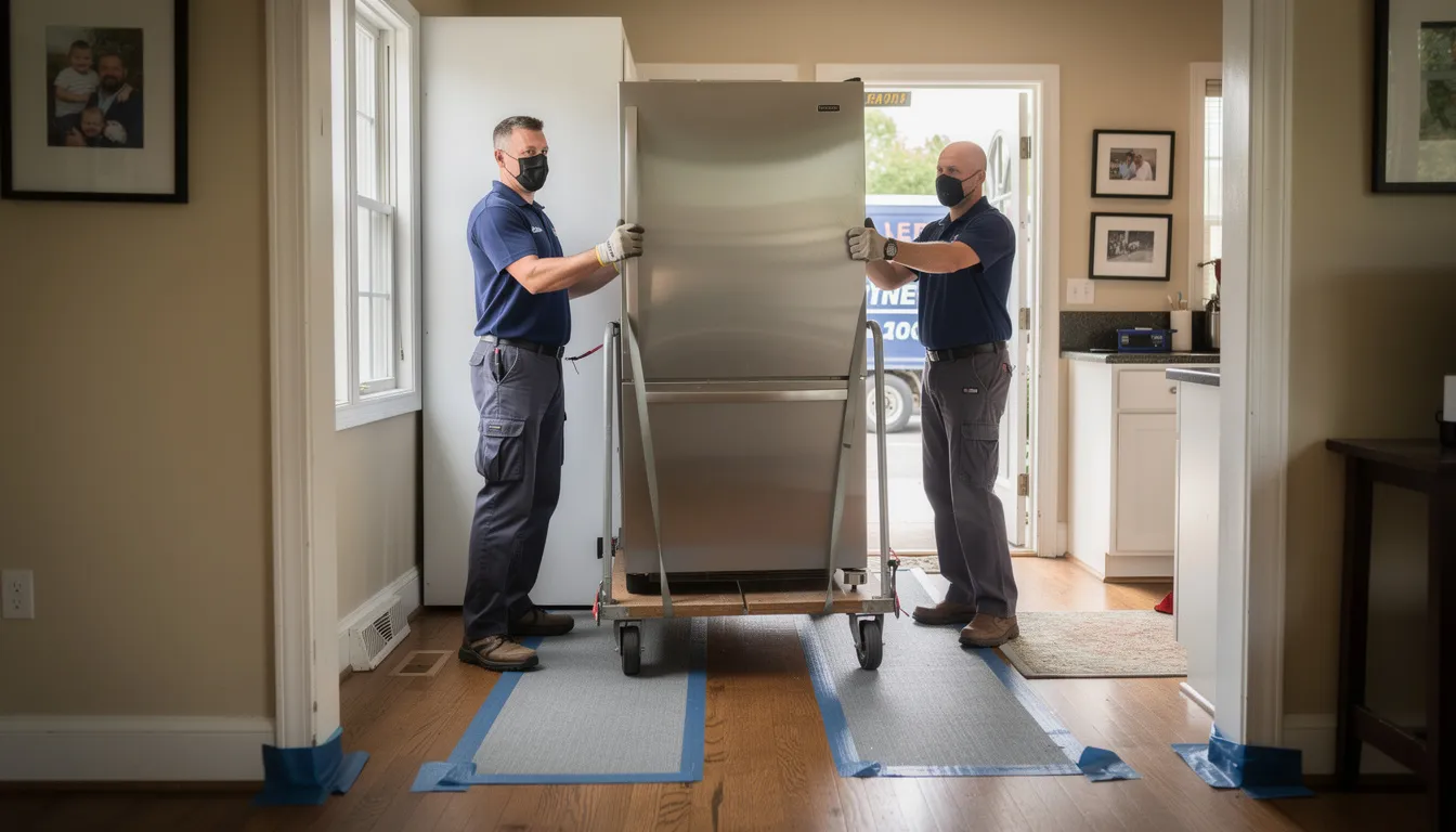 A professional removal team is carefully extracting a large refrigerator from a Hartford home, showcasing their appliance removal services. The team is focused on properly disposing of the old appliance, ensuring it is handled safely and efficiently.