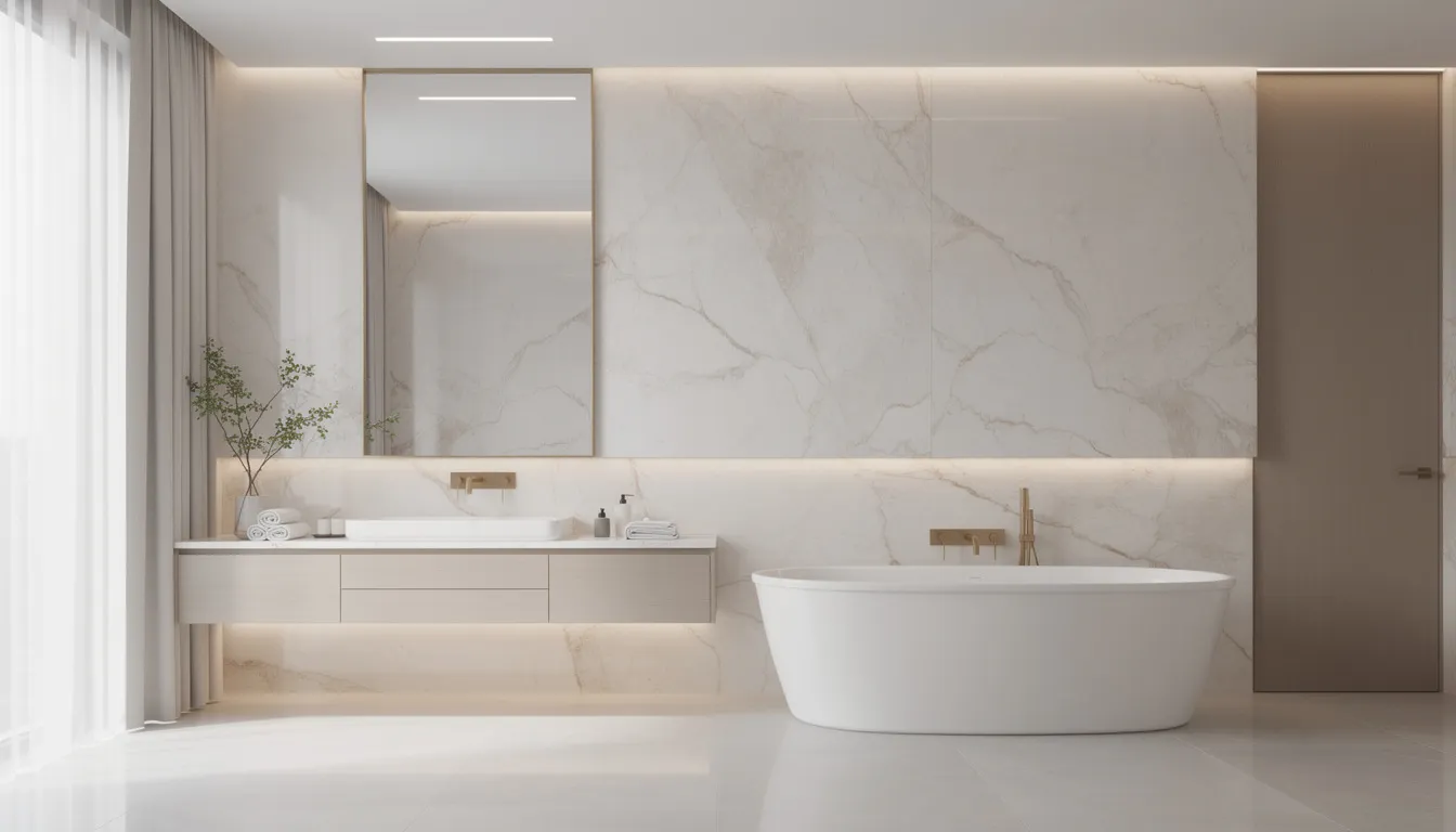 Een luxe badkamer met lichte marmerlook wandpanelen en een vrijstaand bad, afgewerkt met gouden kranen. De ruimte straalt een moderne uitstraling uit en is perfect voor vochtige ruimtes, met wandpanelen die eenvoudig schoon te maken zijn en volledig waterdicht zijn.