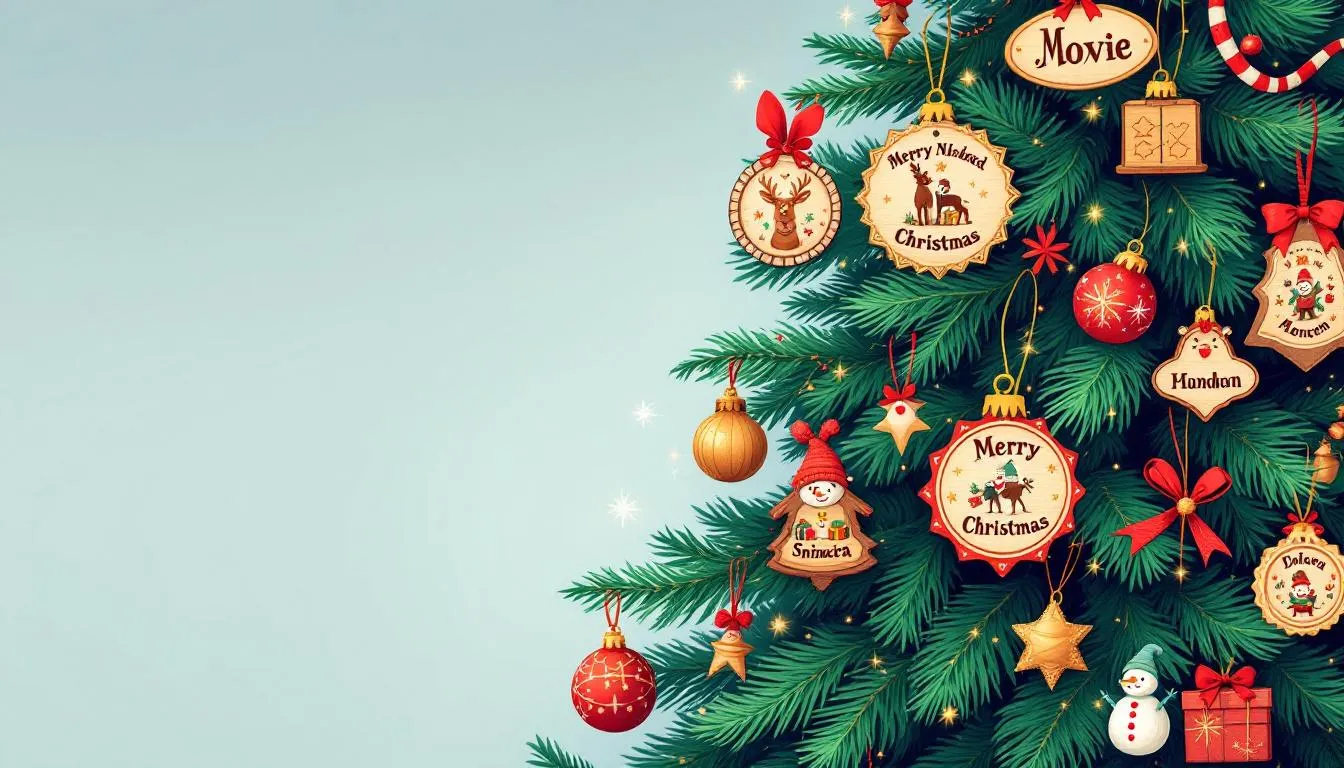 A collection of personalized wooden ornaments hanging on a Christmas tree.