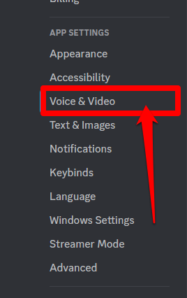 Closeup image showing the voice & video tab on Discord