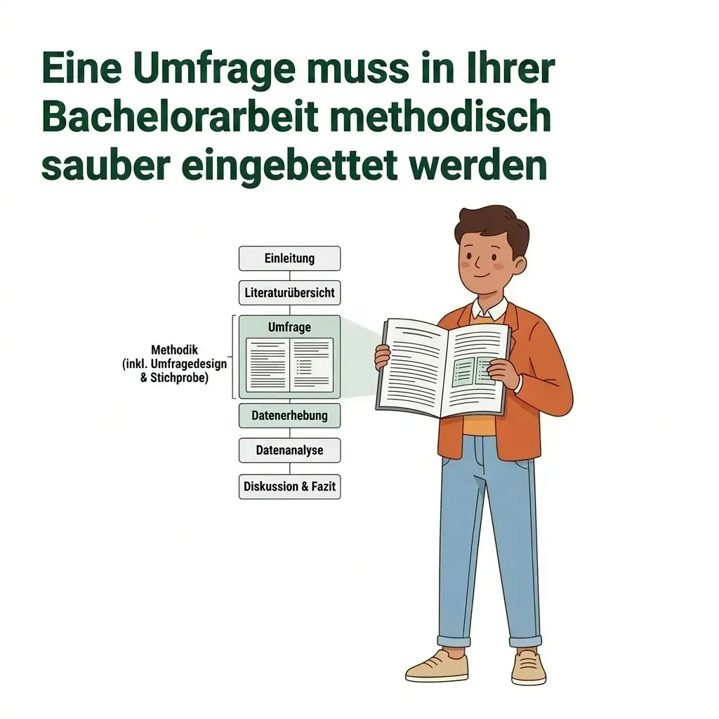 Schaubild zur methodischen Einbettung einer Umfrage in die Bachelorarbeit mit Einleitung, Literaturüberblick, Methodik, Datenerhebung, Datenanalyse sowie Diskussion