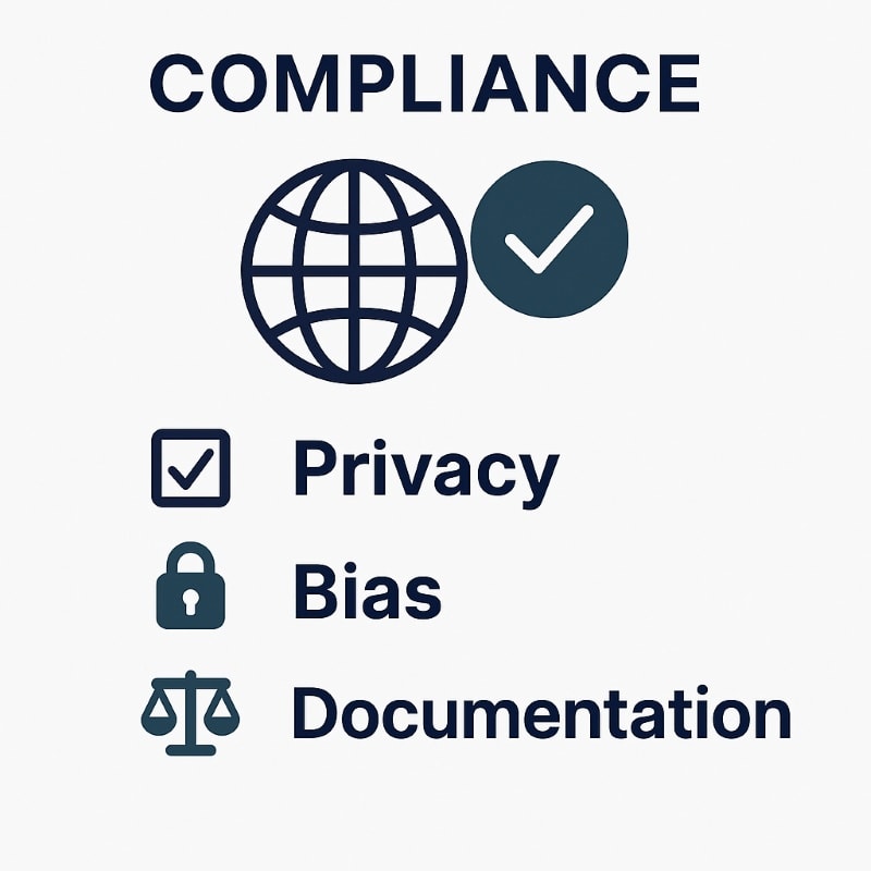 Checklist-style compliance visual with a globe and checkmark icon at the top, followed by three labeled categories: "Privacy" with a checkbox icon, "Bias" with a padlock icon, and "Documentation" with a scale icon. Clean, flat design using navy and soft teal on a white background.
