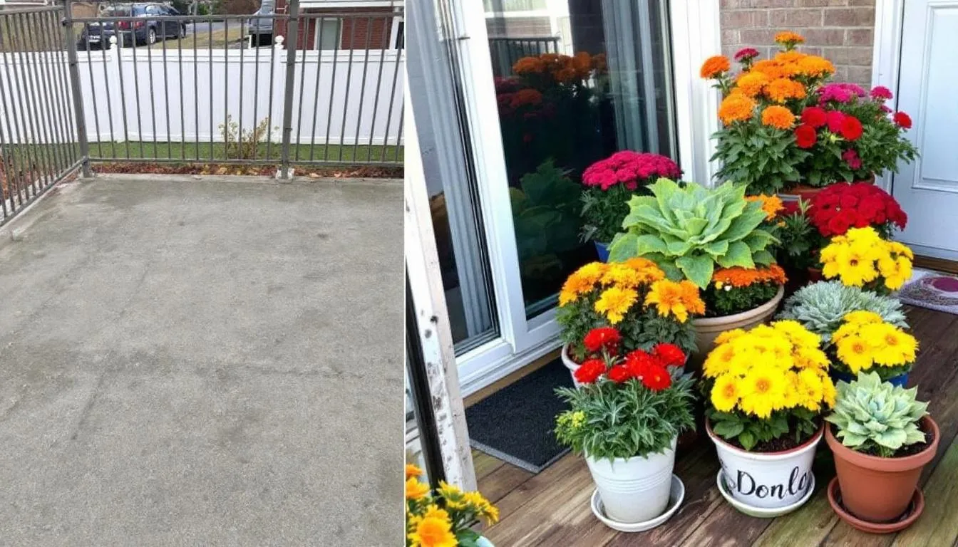 In diesem Vorher-Nachher Vergleich sieht man einen Balkon, der mit bunten Herbstblumen in verschiedenen Kübeln geschmückt ist, einschließlich Chrysanthemen und Dahlien, die in lebendigen Farben wie Rot, Gelb und Pink blühen. Die Veränderung zeigt, wie die Blütenpracht und die herbstliche Atmosphäre den Balkon in einen einladenden Garten verwandeln.