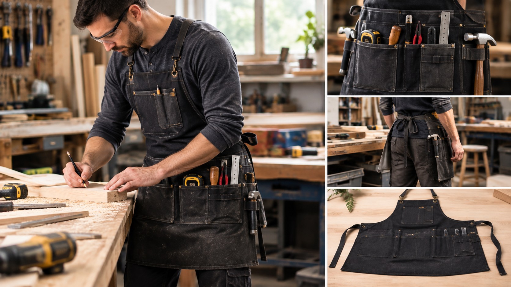 Workshop apron with reinforced pockets holding tools while a woodworker works at a bench.