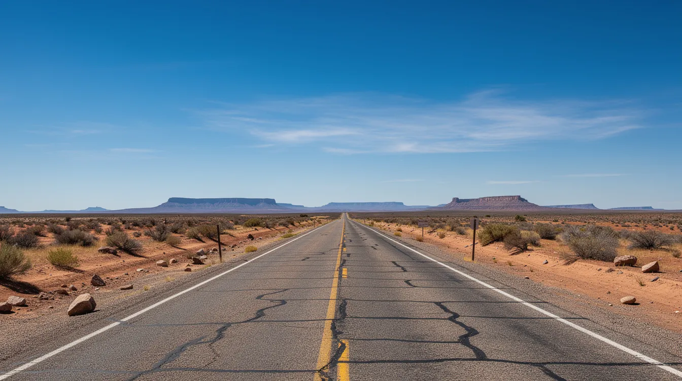 The image depicts a long desert highway winding through the expansive New Mexico landscape, under a bright blue sky dotted with a few clouds. This serene setting contrasts with the serious nature of wrongful death cases that may arise from accidents on such roads, highlighting the importance of seeking justice and compensation for surviving family members.