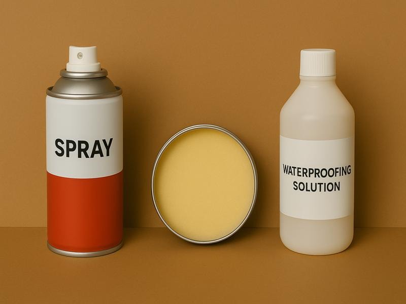 A picture of three items placed on a plain background: a waterproofing spray can, a block of wax, and a bottle of waterproofing solution. These are common materials used to waterproof a canvas bag.