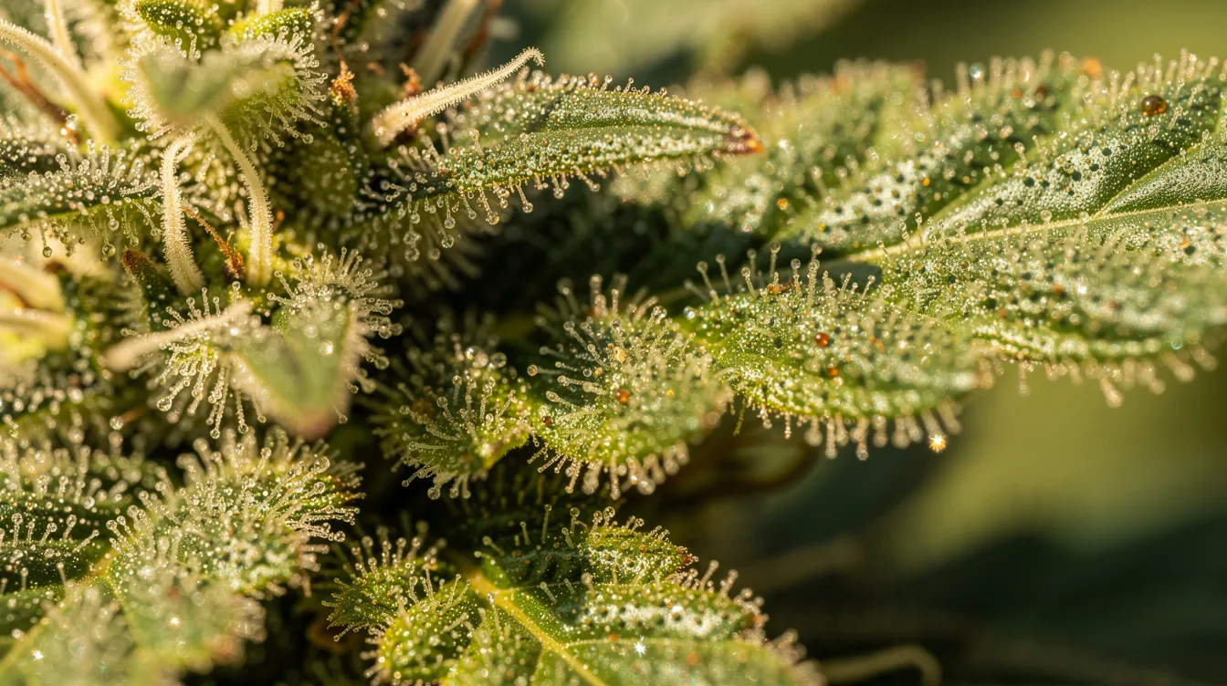 Nahaufnahme von glitzernden Trichomen einer Cannabispflanze, die im natürlichen Licht funkeln. Diese winzigen Kristalle sind reich an Cannabinoiden und Terpenen, die für die Wirkung und die Inhaltsstoffe von Cannabis, insbesondere THC und CBD, entscheidend sind.