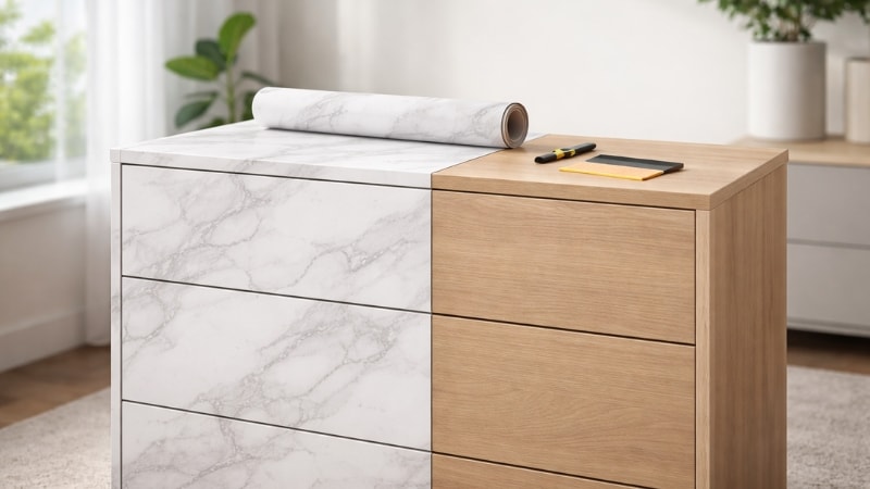 White textured vinyl being quickly applied to furniture