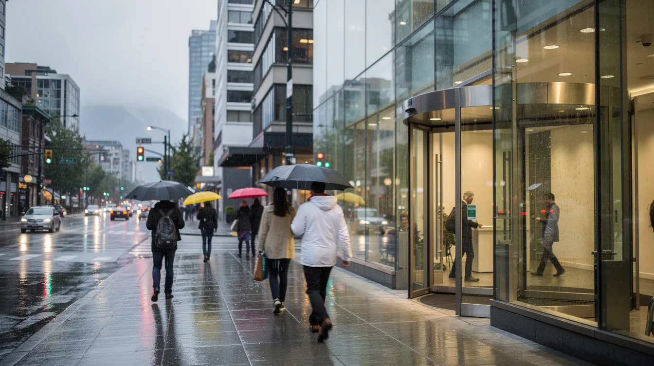 A rainy sidewalk in Vancouver shows people walking towards a glass-fronted commercial building lobby, with reflections of the cityscape shimmering on the wet pavement. The scene captures the hustle and bustle of urban life, hinting at the importance of maintaining clean carpets indoors for better indoor air quality and comfort.