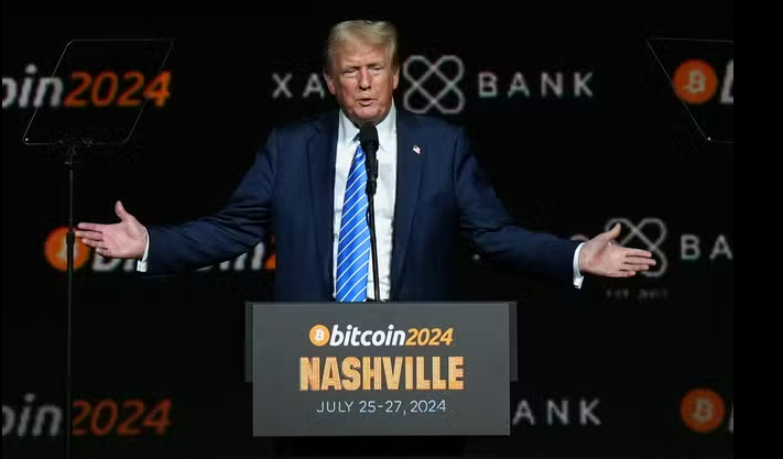 Image of Donald Trump at the Bitcoin Conference in Nashville 2024 explaining the future of crypto in the US