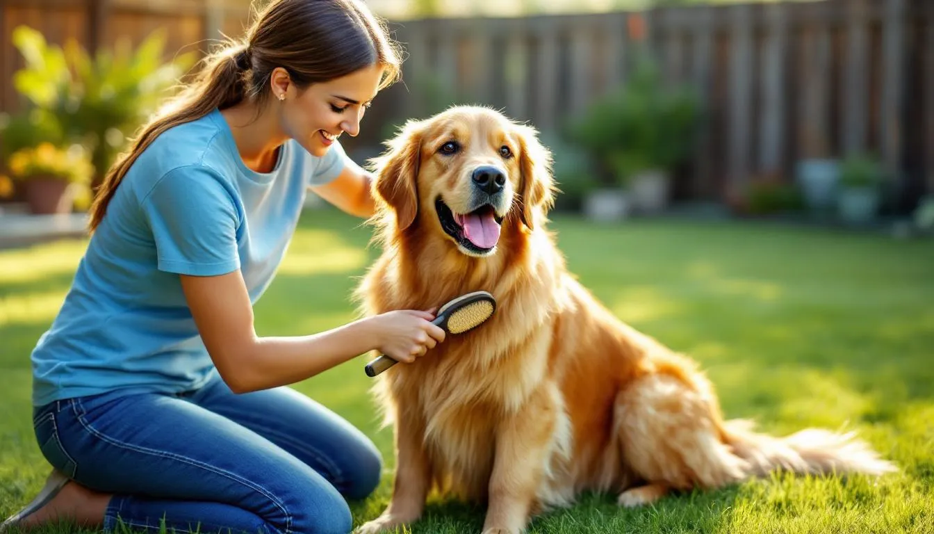 A happy, healthy dog with a shiny coat is being gently brushed by its owner outdoors, showcasing the dog