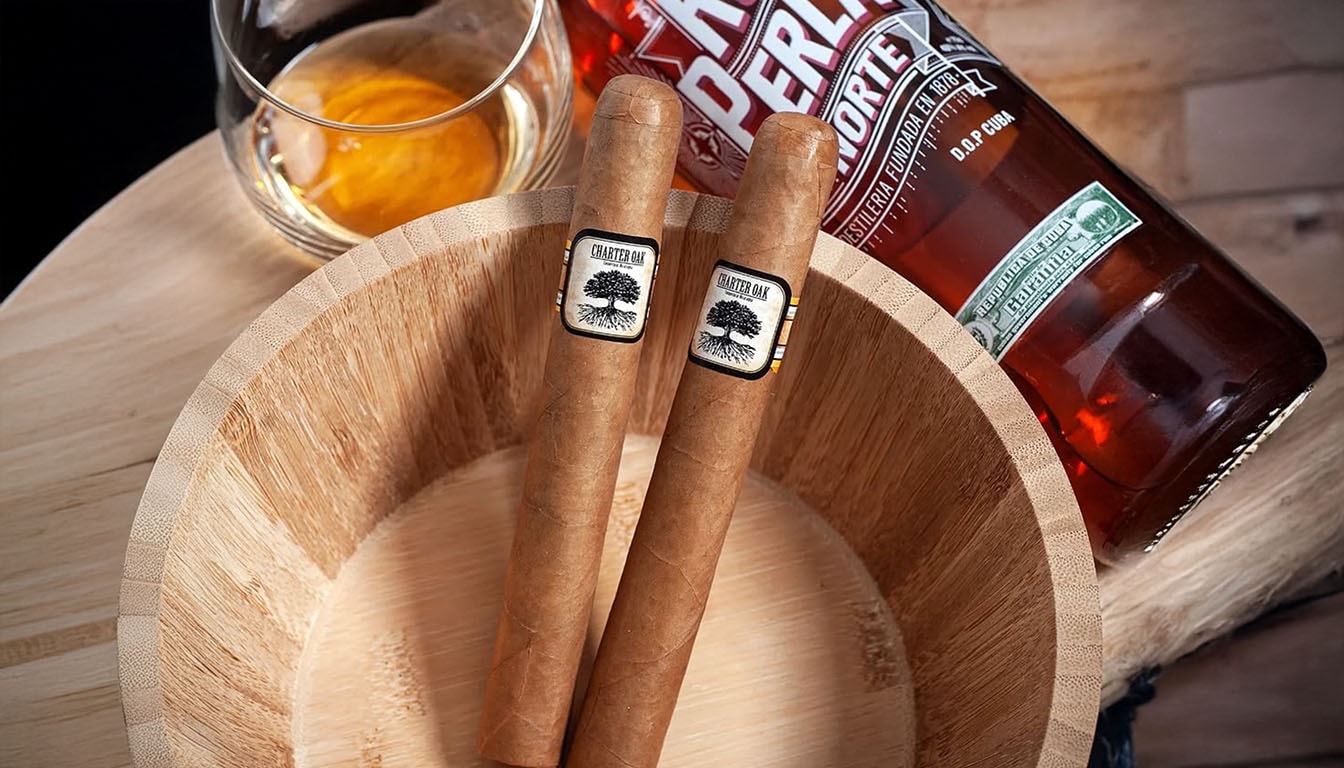 An inviting smoking experience with a lit Charter Oak cigar, surrounded by smoke and a relaxed atmosphere.