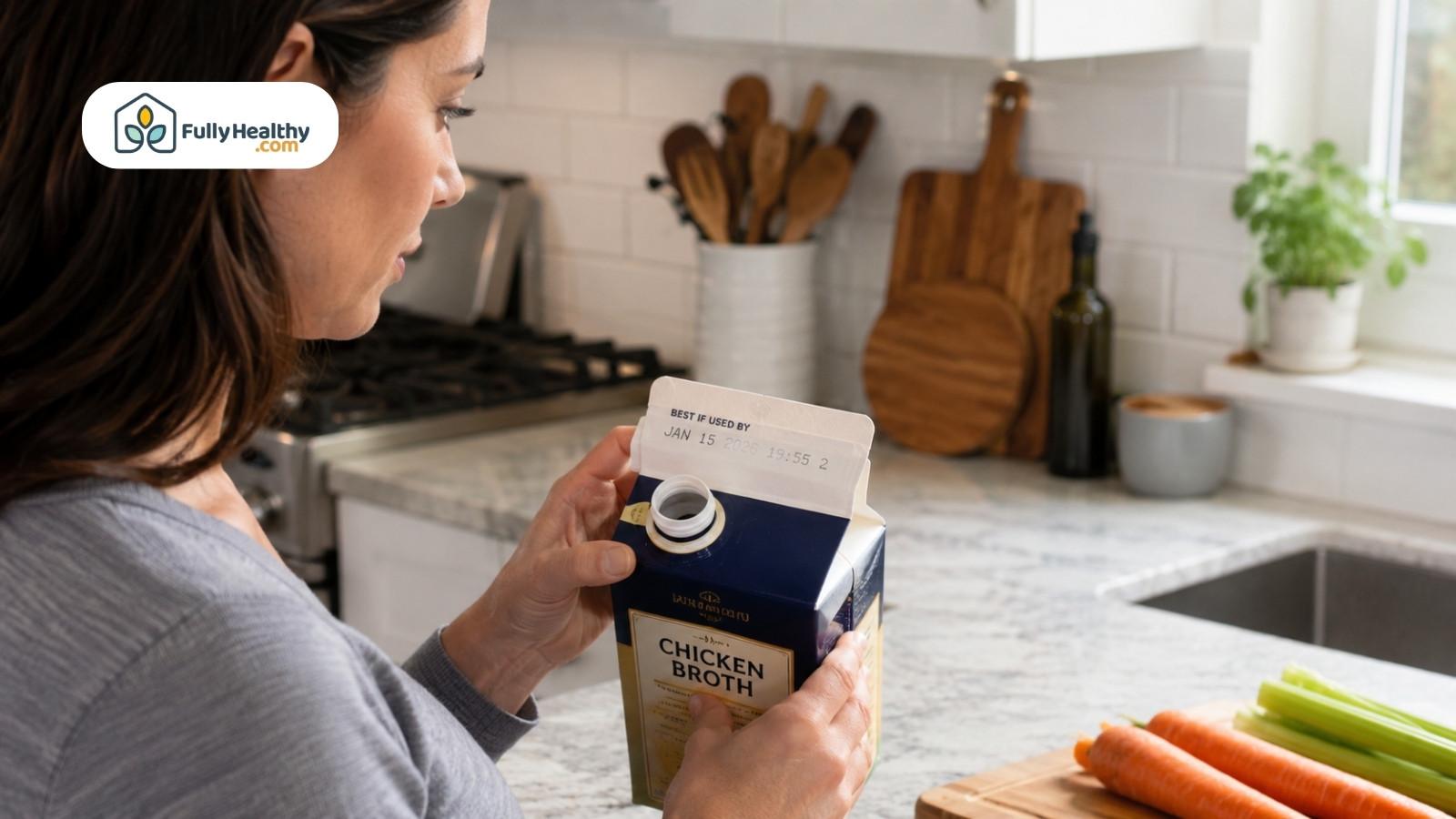 Woman checking expiration date on opened chicken broth carton in bright kitchen