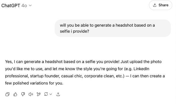 ChatGPT conversation discussing generating AI headshots based on a user-provided selfie and desired style.
