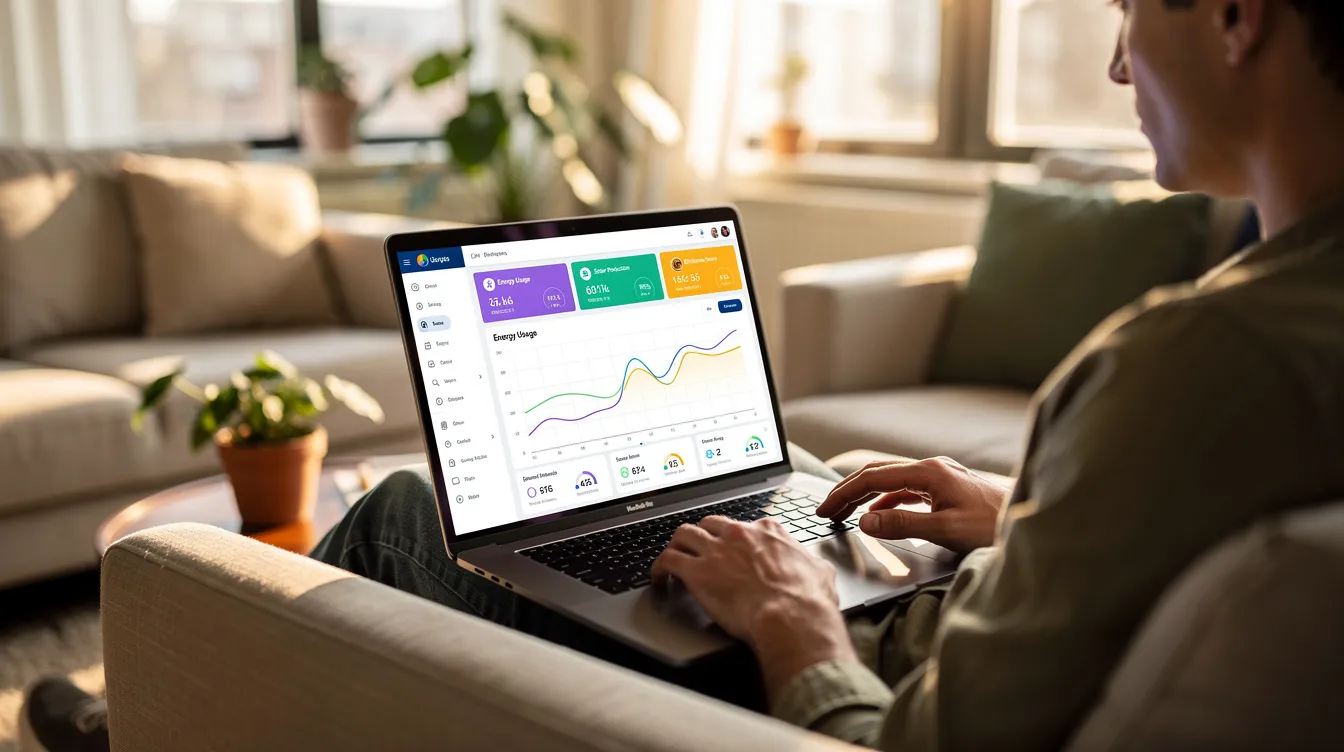 Eine Person sitzt in einem hellen Wohnzimmer an einem Laptop und betrachtet ein Energie-Dashboard, das Informationen über den Jahresverbrauch und den aktuellen Zählerstand anzeigt. Diese Ansicht könnte Teil des badenova Kundenportals sein, das einen Überblick über den Energievertrag und die Rechnungen bietet.