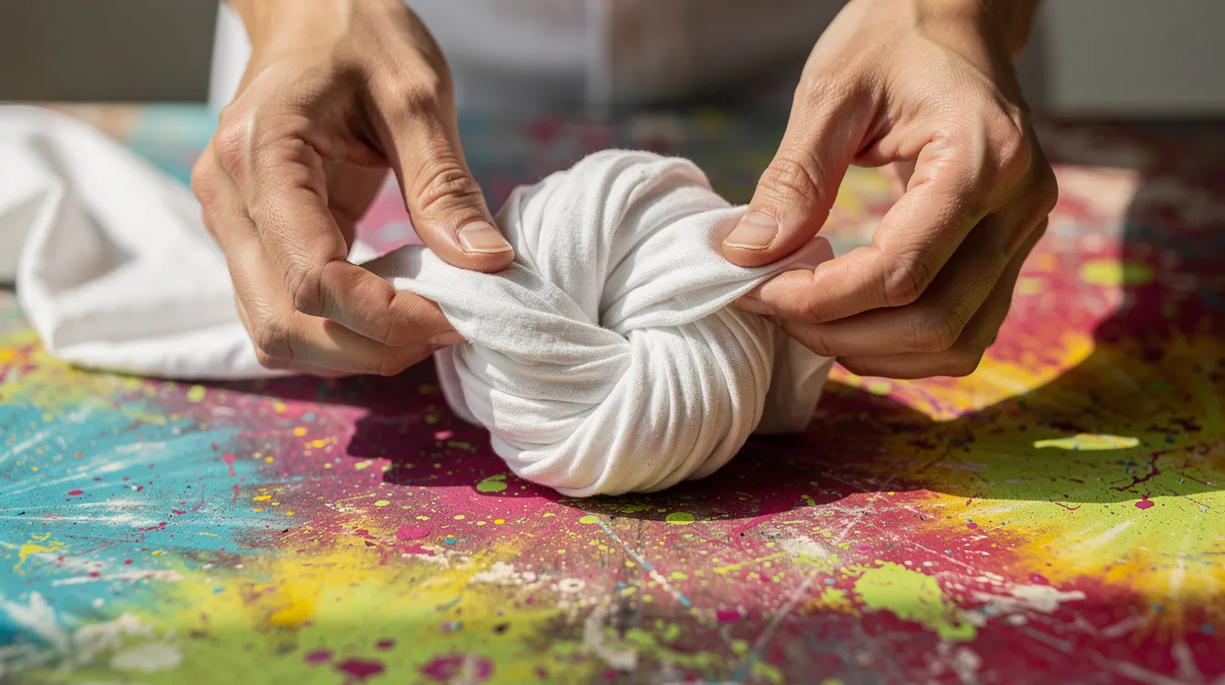 A close-up view captures hands twisting a white cotton fabric into a spiral shape on a colorful table, surrounded by various tie dye supplies such as dye bottles and rubber bands. This vibrant setup suggests a fun and creative tie dye party atmosphere, perfect for family reunions or birthday celebrations.