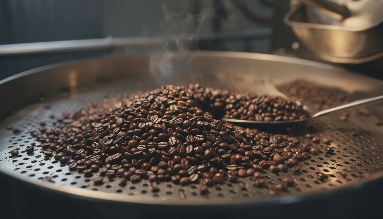 The image shows freshly roasted coffee beans cooling on a metal tray, with visible steam rising from them, indicating their warmth and freshness. The beans, essential for brewing a flavorful cup of coffee, are rich in antioxidants and must be stored properly to prevent oxidation and maintain their quality.