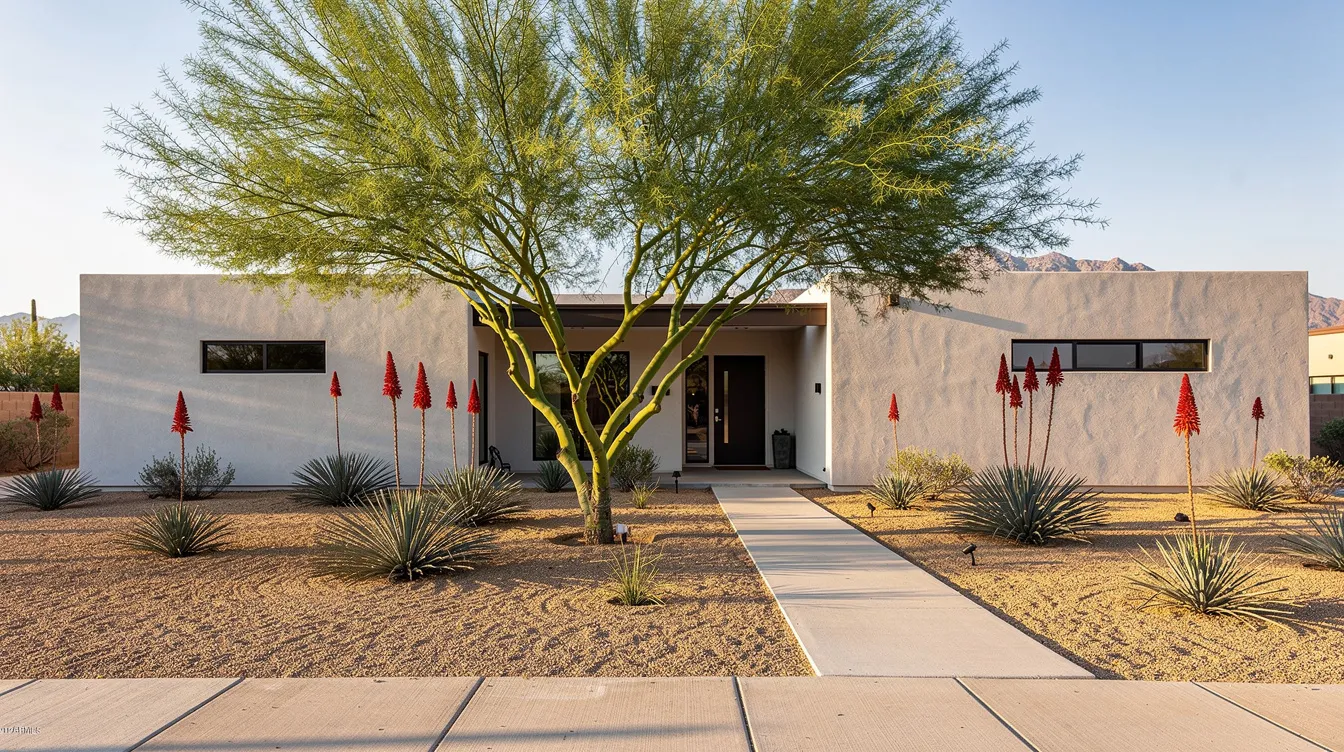The image depicts a desert front yard featuring a palo verde shade tree, surrounded by decomposed granite ground cover and vibrant red yucca plants, with a clean concrete walkway leading to a modern stucco home. This functional landscape design showcases native plants and offers an inviting outdoor space for Phoenix homeowners.