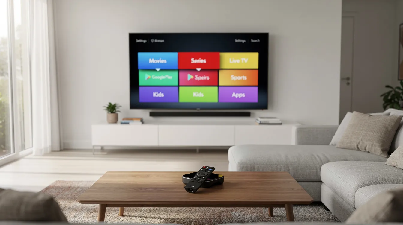 A modern living room features a large flat-screen television showcasing a colorful channel grid, indicative of a premium IPTV service. A streaming remote control rests on a coffee table, suggesting easy access to live TV and on-demand content.