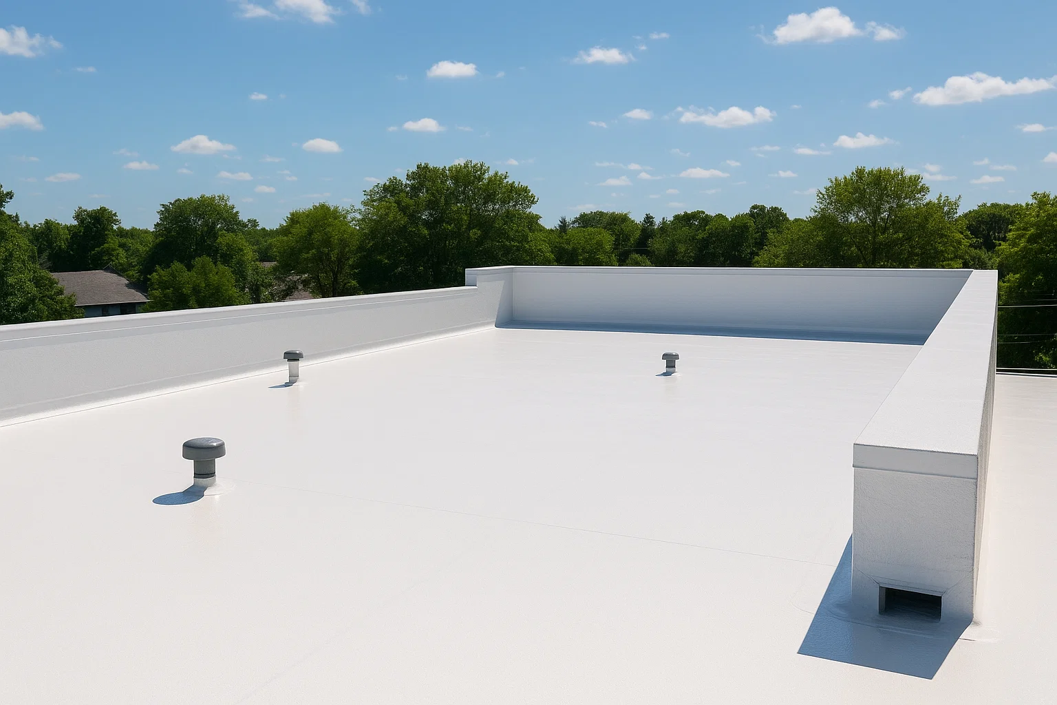 Repaired commercial flat roof under blue sky, showing clean membrane.