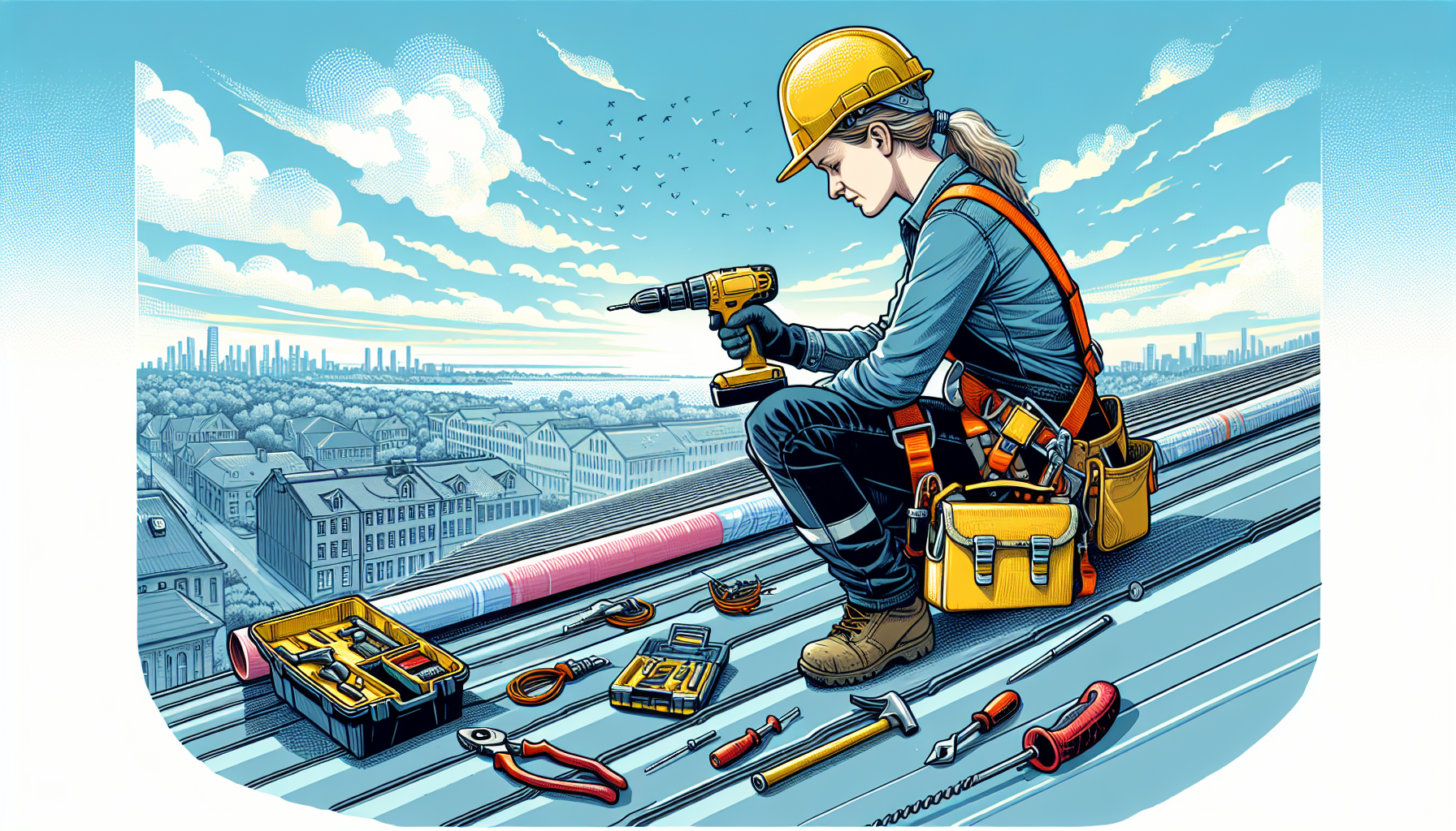 An illustration of a contractor working on a commercial roof.