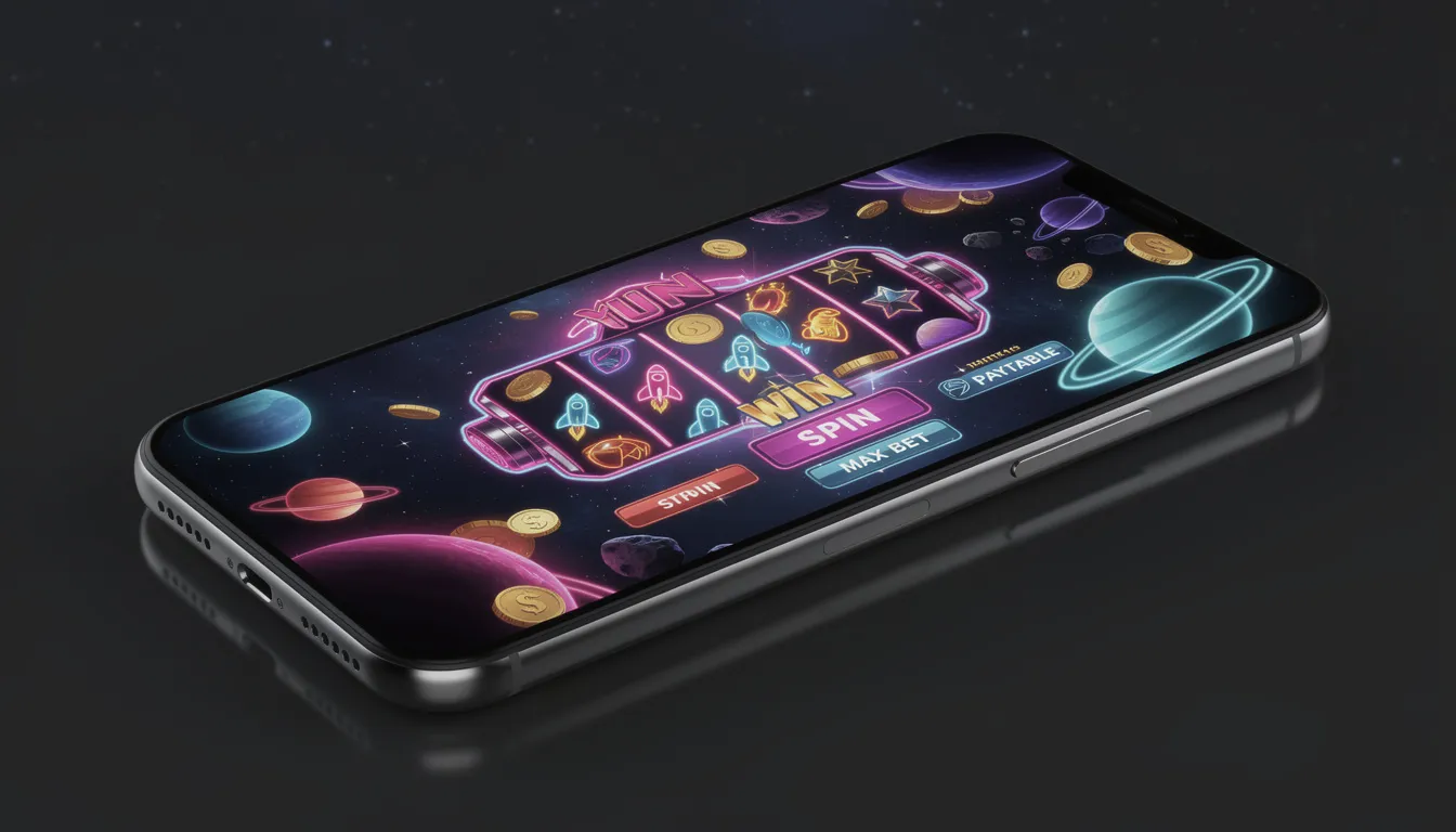 En modern smartphone visar en färgglad gränssnitt för ett rymdtematiserat casinospel, vilket ger en känsla av spänning och underhållning. Spelet är tillgängligt dygnet runt hos Luna Casino, där spelare kan utforska ett brett utbud av spel.