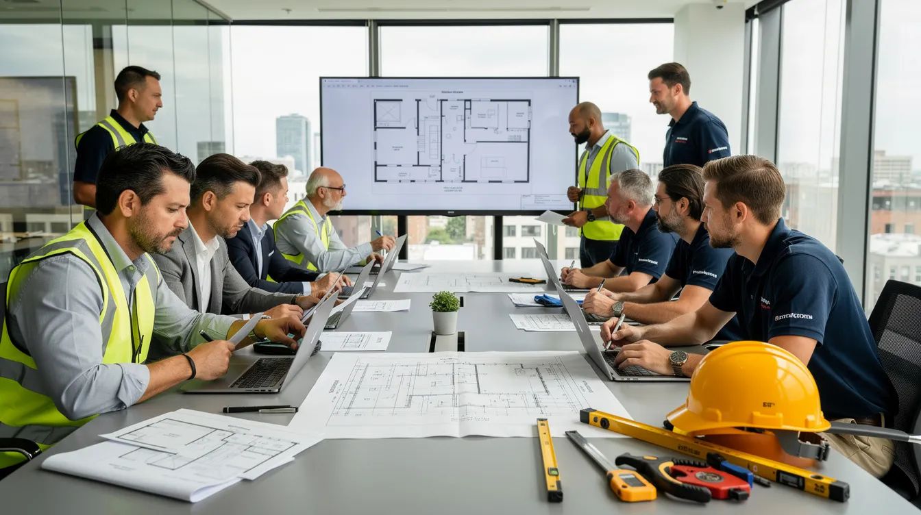 A group of construction professionals is gathered in a meeting room, discussing a project while reviewing laptops and printed reports on the table. They are focused on managing potential risks, ensuring compliance with quality standards, and addressing challenges that may arise during the development process.